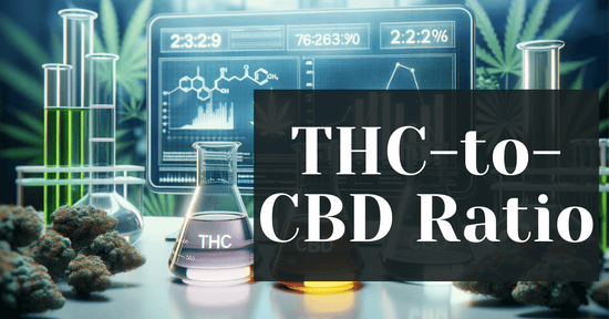 Photo of a lab setting with glass beakers containing liquids representing THC and CBD. Behind the beakers is a digital screen showcasing the THC/CBD